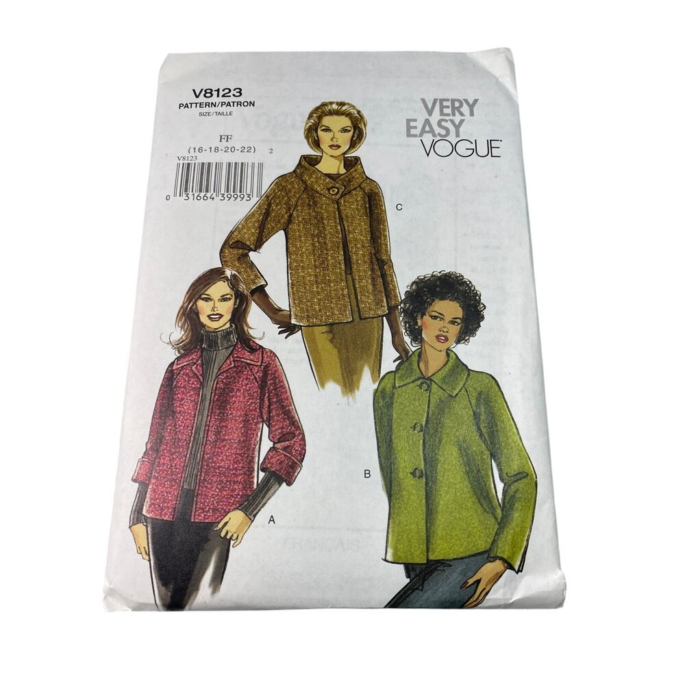 Vogue V8123 Jacket Sewing Pattern FF UC OOP Retro Mod Swing Outerwear Sz 16-22